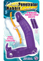 Double Penetrator Rabbit Vibrating Cock Ring Purple packaging featuring a bendable vibrating shaft and rabbit clitoral stimulator.