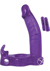 Double Penetrator Rabbit Vibrating Cock Ring Purple designed for double stimulation and enhanced pleasure for couples.