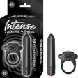 Intense Silicone Vibrating Cock Ring and Bullet Set Black packaging and products displayed.