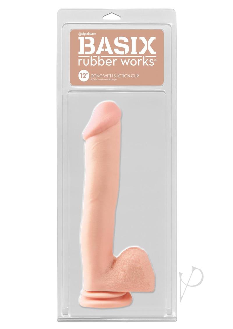 Basix Rubber Works Dong with Suction Cup 12 inch Vanilla in packaging, showcasing realistic design and suction base.