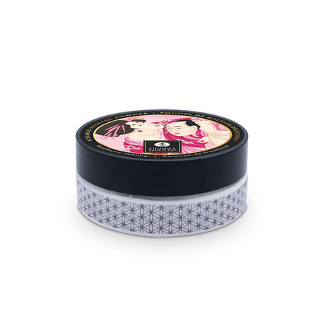 Shunga Kissable Body Powder Raspberry Filling 2.65 Oz jar showing decorative design and labeled packaging.