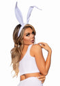 Model wearing Leg Avenue Bendable Velvet Bunny Rabbit Ears White, showcasing playful charm and elegance for a costume.