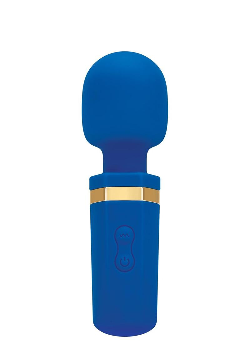 Bodywand Mini Wand Mighty Wand Blue with silicone design and gold accents, compact and USB rechargeable.
