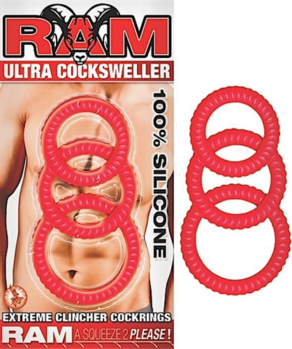 Ram Ultra Cocksweller Silicone Cock Rings Red set of three stretchy rings for enhanced pleasure and lasting erections.