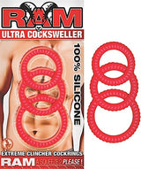 Ram Ultra Cocksweller Silicone Cock Rings Red set of three stretchy rings for enhanced pleasure and lasting erections.