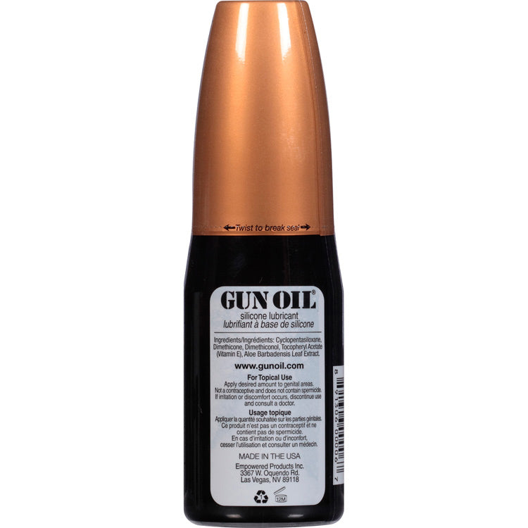 Gun Oil Silicone Lubricant 4 Oz bottle showing branding and usage instructions on the back.