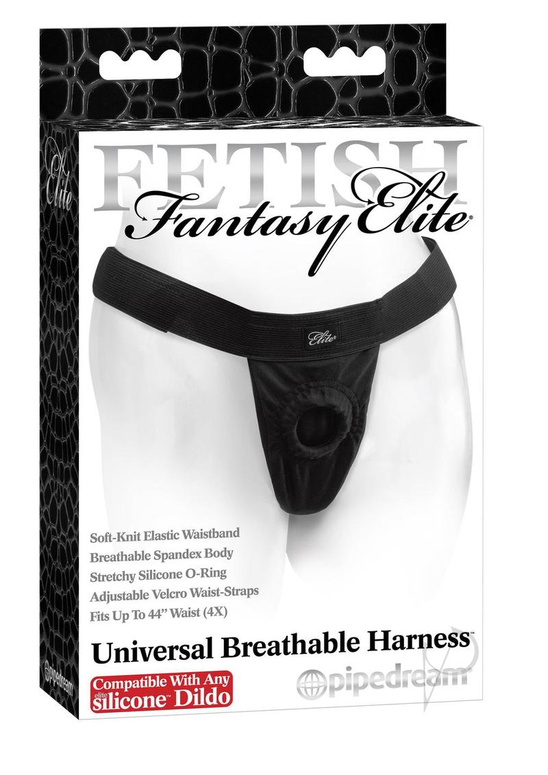 Fetish Fantasy Elite Universal Breathable Harness Black packaging featuring soft-knit elastic waistband and breathable spandex body.