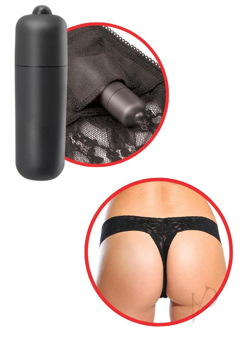 Fetish Fantasy Hanky Spank Me Panty Vibe Black with hidden micro bullet in lace thong for discreet stimulation.