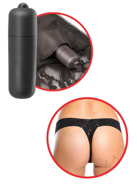 Fetish Fantasy Hanky Spank Me Panty Vibe Black with hidden micro bullet in lace thong for discreet stimulation.