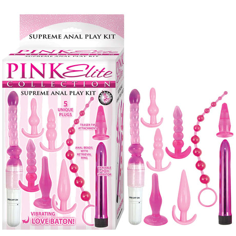 Pink Elite Collection Supreme Anal Play Kit Pink, featuring five unique butt plugs and a vibrating love baton.