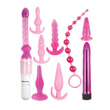 Pink Elite Collection Supreme Anal Play Kit Pink featuring multiple flexible butt plugs and toys in various shades of pink.