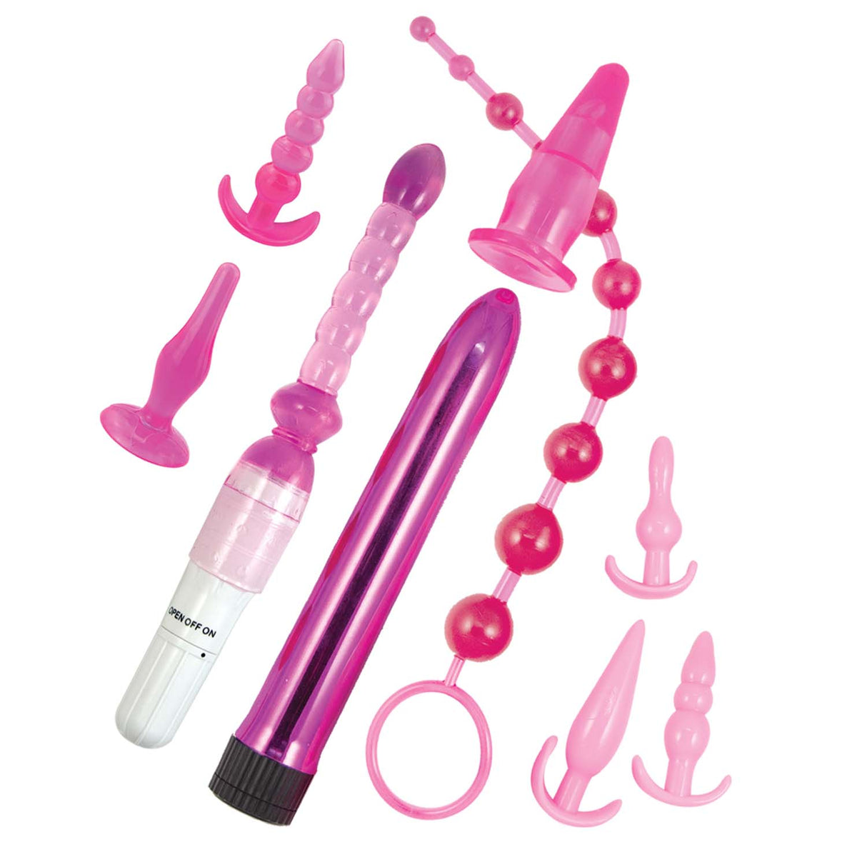 Pink Elite Collection Supreme Anal Play Kit Pink featuring five flexible butt plugs and more for anal exploration.
