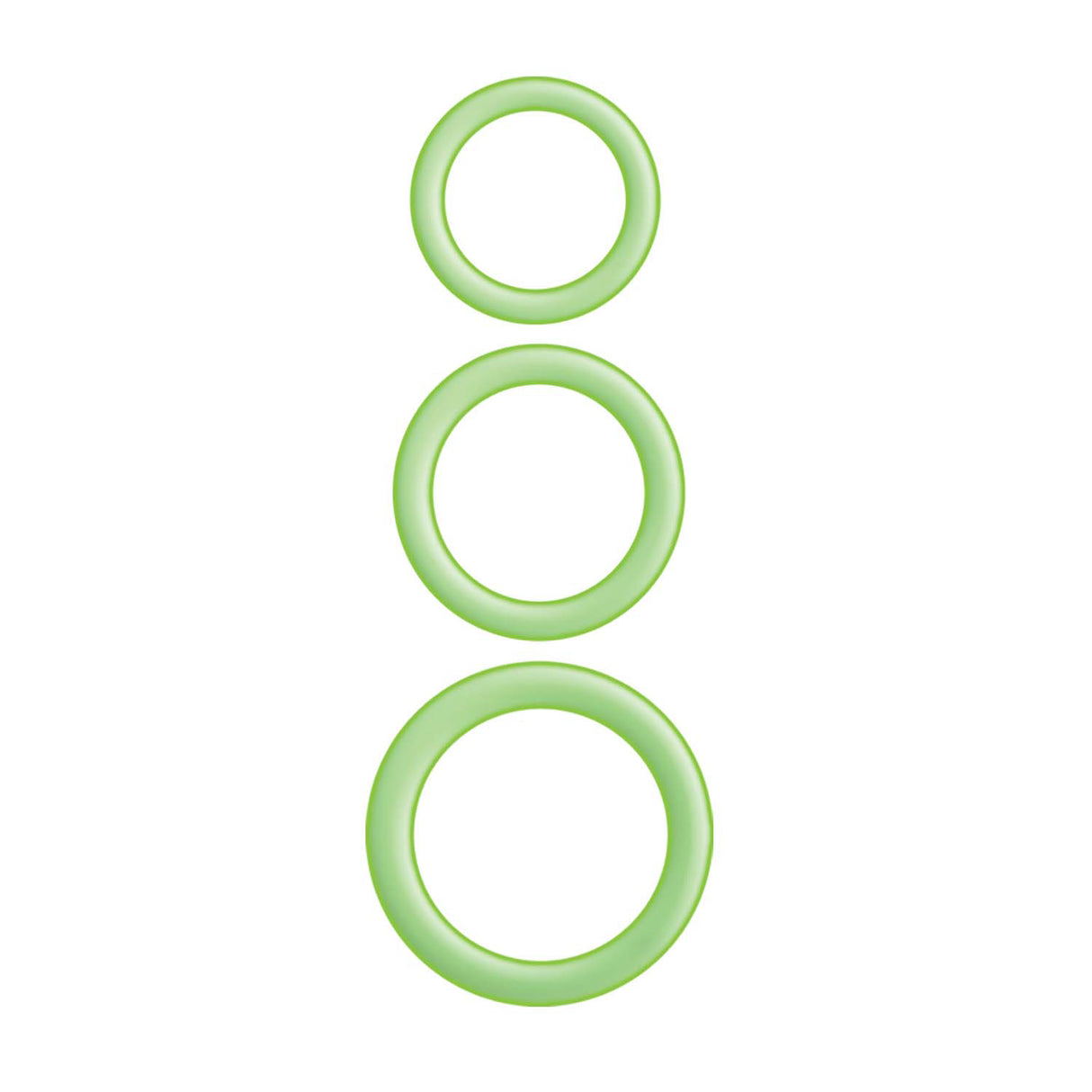 Enhancer Green Glow Silicone Cock Ring Set featuring three graduated silicone rings in green glow.