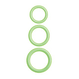 Enhancer Green Glow Silicone Cock Ring Set featuring three graduated silicone rings in green glow.
