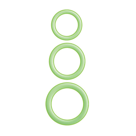 Enhancer Green Glow Silicone Cock Ring Set featuring three graduated silicone rings in green glow.