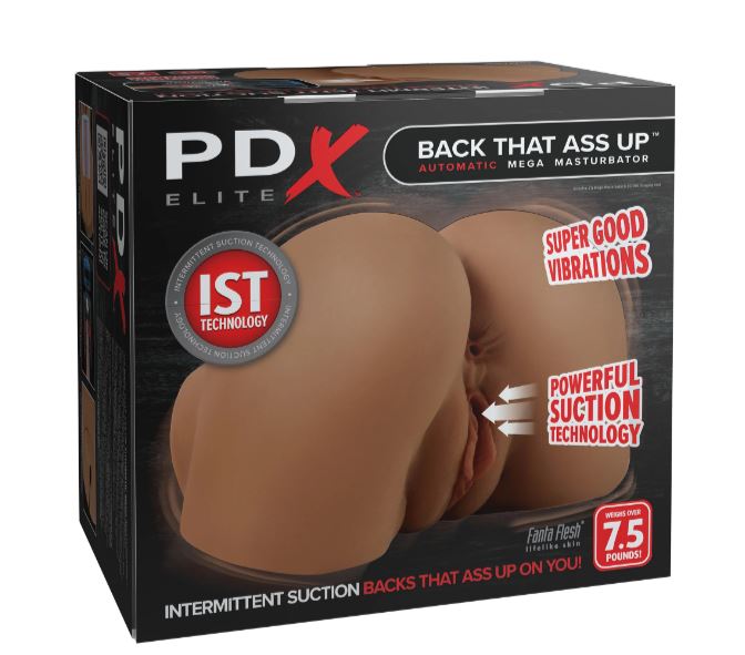 PDX Elite Back That Ass Up Automatic Mega Masturbator Brown packaging showcasing IST technology and realistic design.