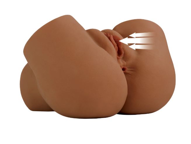 PDX Elite Back That Ass Up Automatic Mega Masturbator Brown displayed with suction arrows illustrating stimulation features.