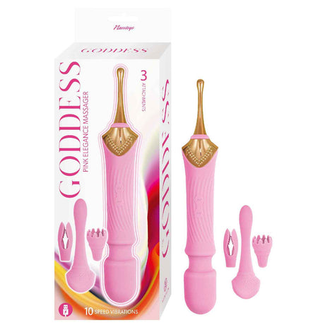 Nasstoys Goddess Pink Elegance Massager Pink with three attachments and elegant design for versatile stimulation.