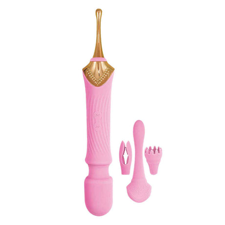 Nasstoys Goddess Pink Elegance Massager Pink featuring dual-ended design and interchangeable silicone tops for versatile stimulation.