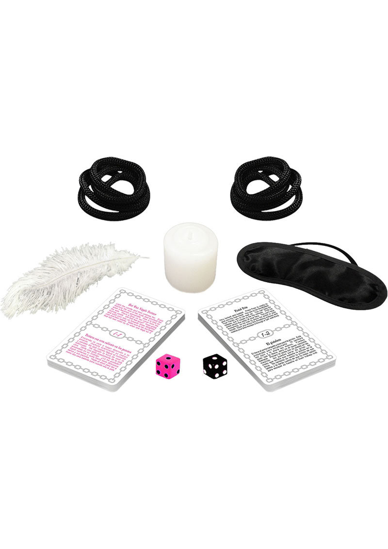 Fetish Seductions Fetish Card Game Kit for Couples with cards, dice, ropes, candle, feather, and blindfold.