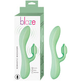 Blaze Romantic Silicone Rabbit Vibrator Aqua with box showcasing features and ergonomic design for pleasure.