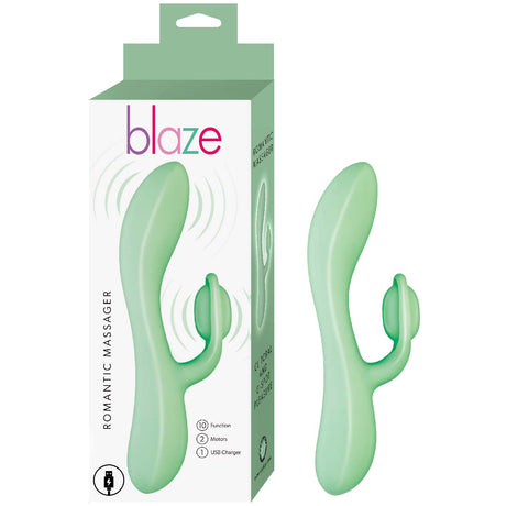 Blaze Romantic Silicone Rabbit Vibrator Aqua with box showcasing features and ergonomic design for pleasure.