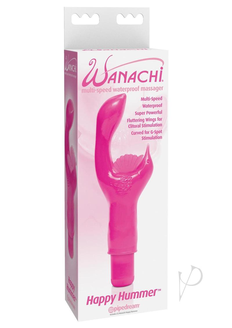 Wanachi Happy Hummer G-Spot Massager Pink packaging with butterfly wings and angled tip for dual stimulation.