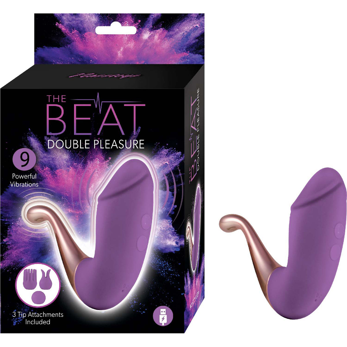 Nasstoys The Beat Double Pleasure Vibrator Purple in packaging with three interchangeable tips for versatile stimulation.