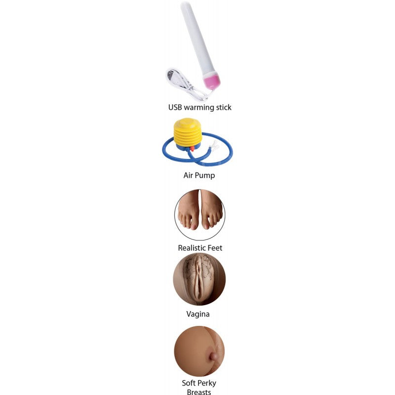 Variety of features for the Fuck Friends Rosita Suave Swinger Series Doll including USB warming stick, air pump, and realistic details.
