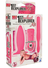 My 1st Anal Explorer Kit Vibrating Butt Plug Pink in colorful packaging with dual function vibrations.