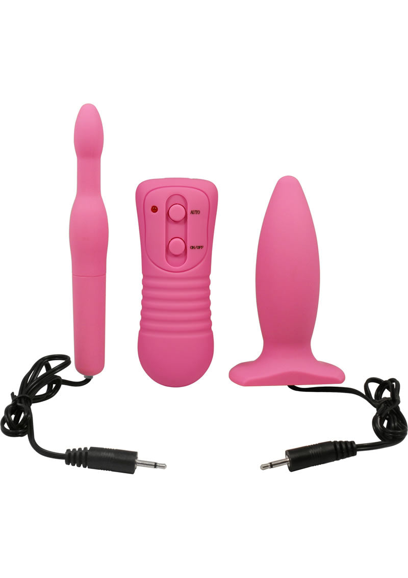 My 1st Anal Explorer Kit Vibrating Butt Plug Pink two-piece set with a vibrating butt plug and slim probe.