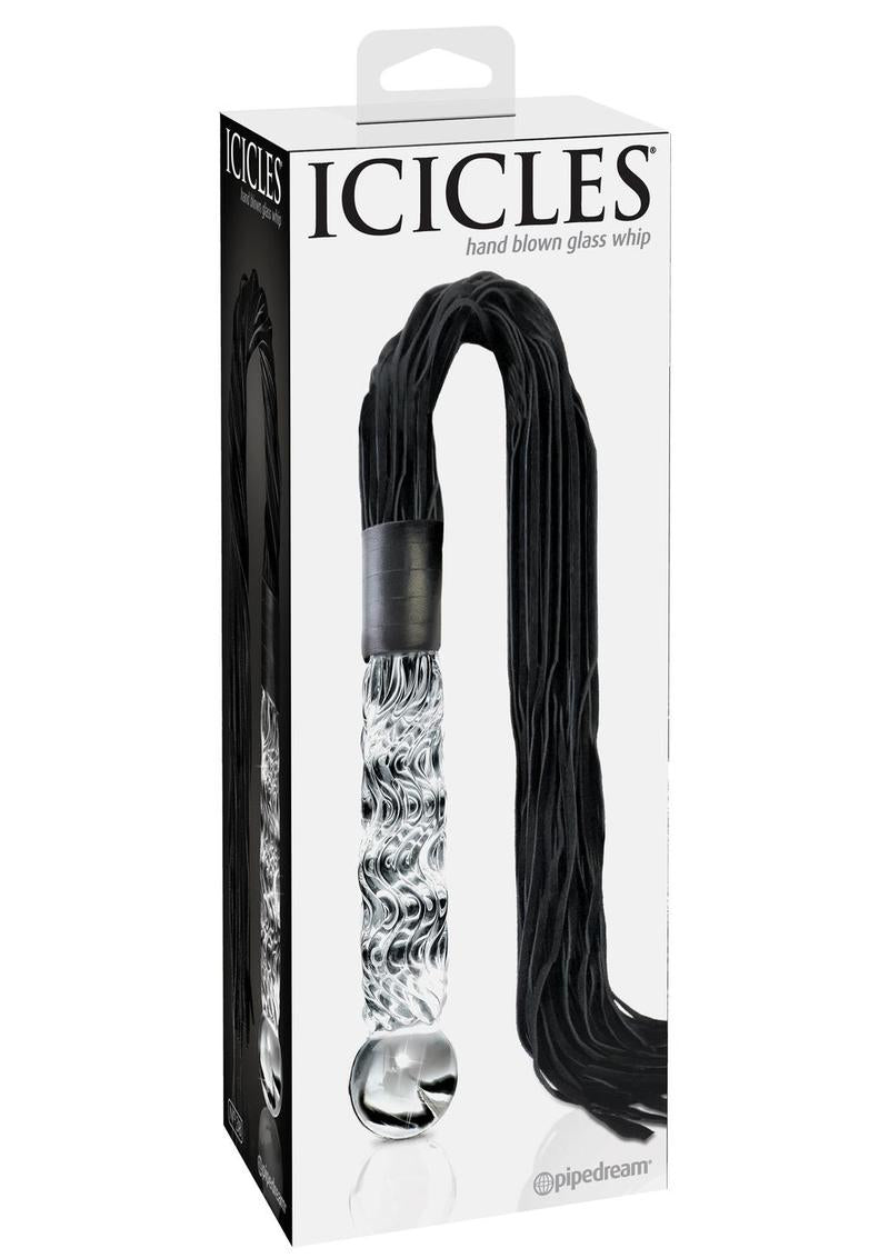 Icicles No 38 Textured Glass Dildo Flogger Clear Black in packaging showcasing its elegant design and leather tresses.