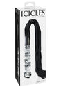 Icicles No 38 Textured Glass Dildo Flogger Clear Black in packaging showcasing its elegant design and leather tresses.