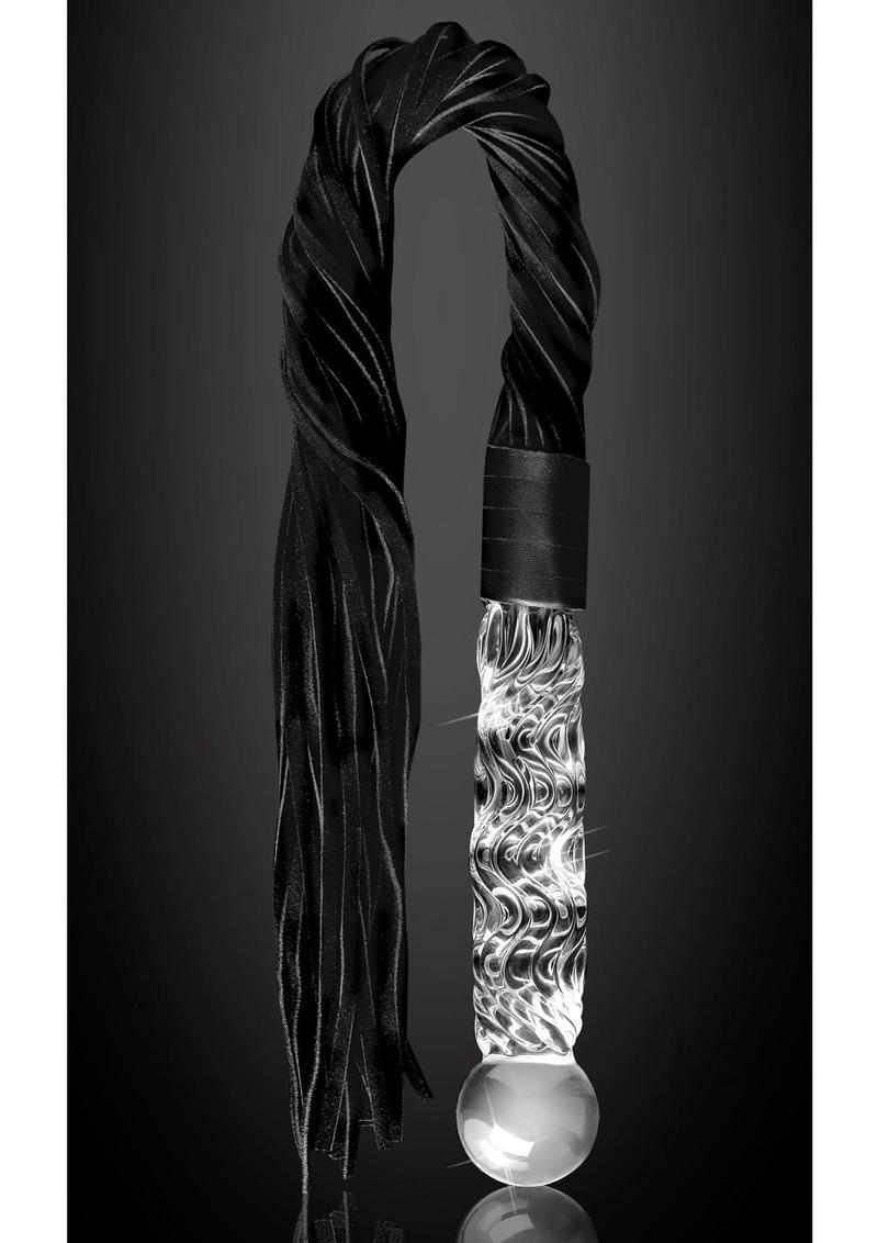 Icicles No 38 Textured Glass Dildo Flogger Clear Black featuring glass head and leather tresses
