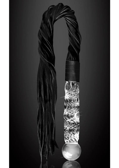 Icicles No 38 Textured Glass Dildo Flogger Clear Black featuring glass head and leather tresses