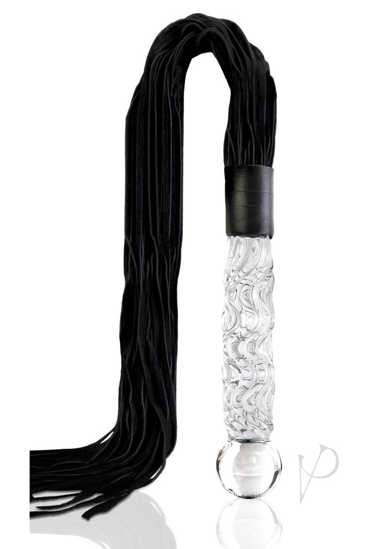 Icicles No 38 Textured Glass Dildo Flogger Clear Black with leather tresses and hand-blown glass handle.