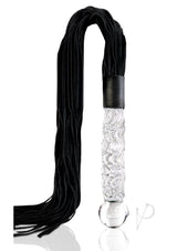 Icicles No 38 Textured Glass Dildo Flogger Clear Black with leather tresses and hand-blown glass handle.