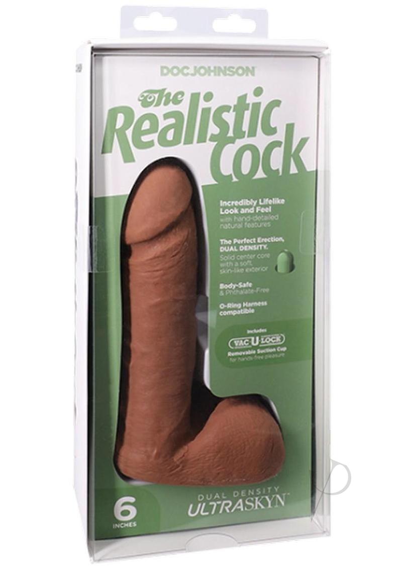 The Realistic Cock Ultraskyn Dildo 6 inch Caramel in packaging showcasing its lifelike features and dual density design.