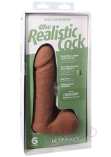The Realistic Cock Ultraskyn Dildo 6 inch Caramel in packaging showcasing its lifelike features and dual density design.