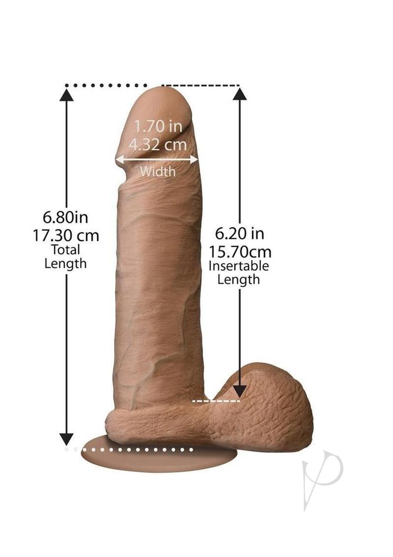 Dimensions of The Realistic Cock Ultraskyn Dildo 6 inch Caramel, including total and insertable lengths.