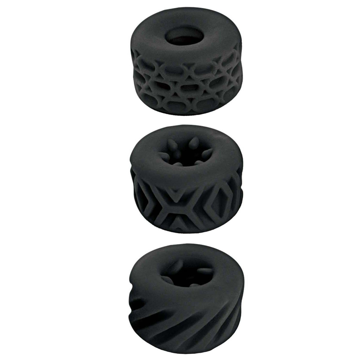 Super Stretchy Stroker Rings Black - set of three textured silicone rings for versatile pleasure.