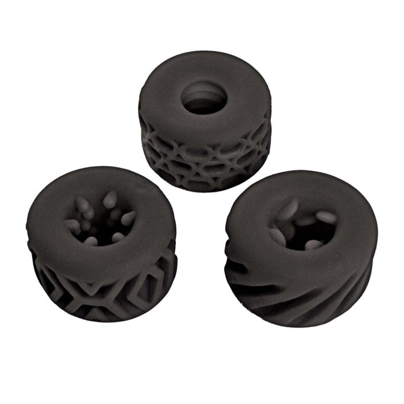 Super Stretchy Stroker Rings Black set of three textured silicone rings for stimulation and texture.