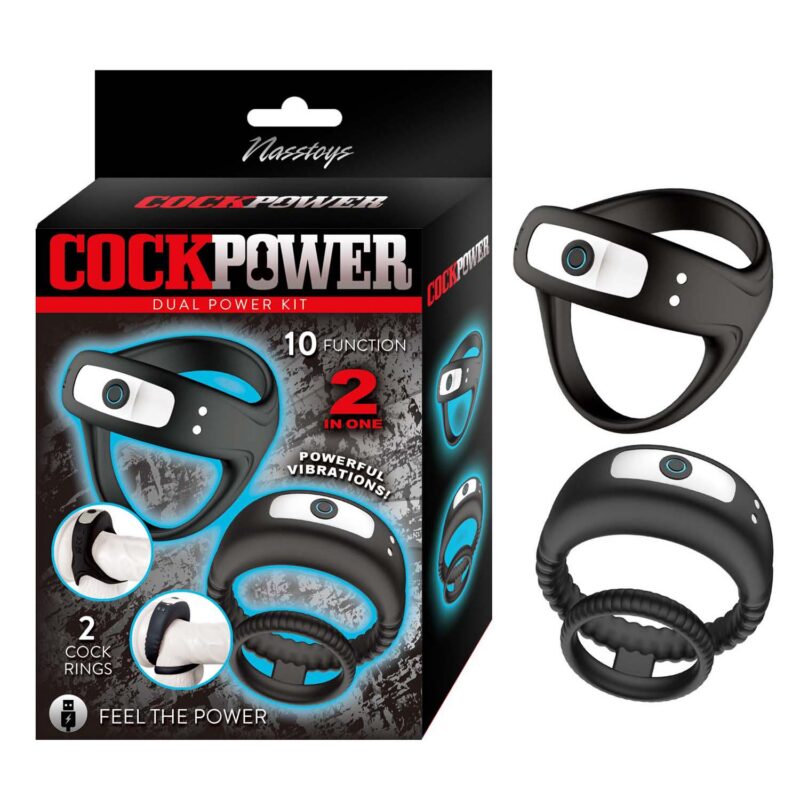Cockpower Dual Power Kit Cockring Vibrator package featuring two cock rings and powerful vibrations.