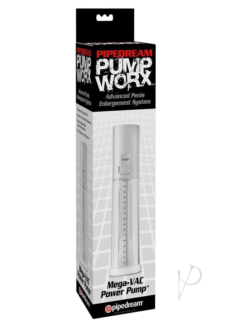 Pump Worx Mega-Vac Power Pump Penis Enlargement White packaging with penis enlargement system details.