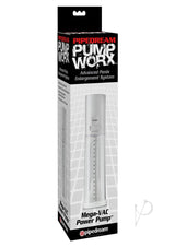 Pump Worx Mega-Vac Power Pump Penis Enlargement White packaging with penis enlargement system details.
