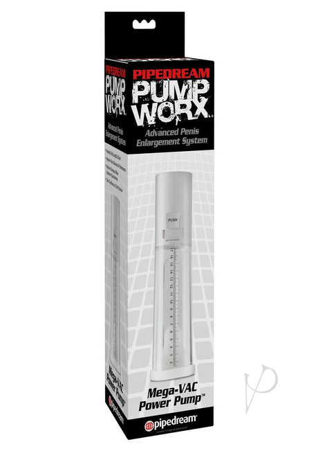 Pump Worx Mega-Vac Power Pump Penis Enlargement White packaging with penis enlargement system details.