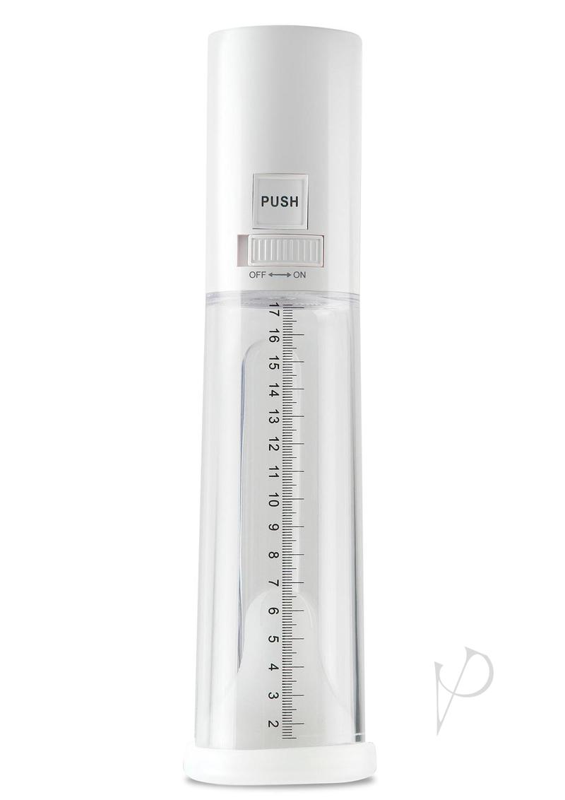 Pump Worx Mega-Vac Power Pump Penis Enlargement White automatic vacuum pump with measuring scale.