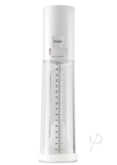 Pump Worx Mega-Vac Power Pump Penis Enlargement White automatic vacuum pump with measuring scale.