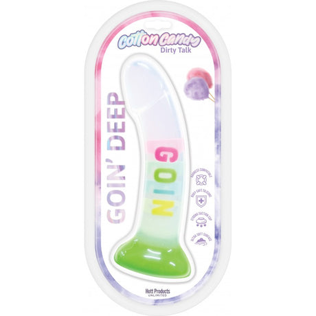 Cotton Candy Goin Deep 7 Inch Silicone Dildo Multicolor packaging showcasing its playful colors and soft-touch design.