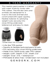 Gender X 4 Inch TPE Packer Dildo Vanilla displayed with close-fitting underwear to showcase its realistic design.